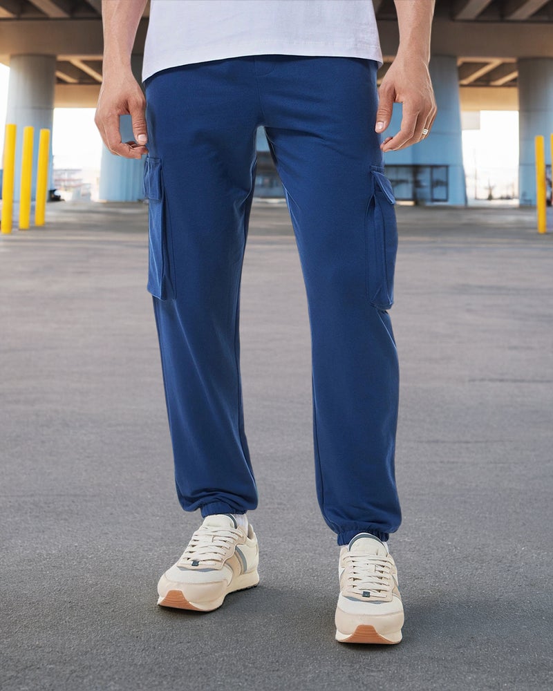 bewakoof Men's Skipper Blue Oversized Cargo Warm Joggers - Image 1